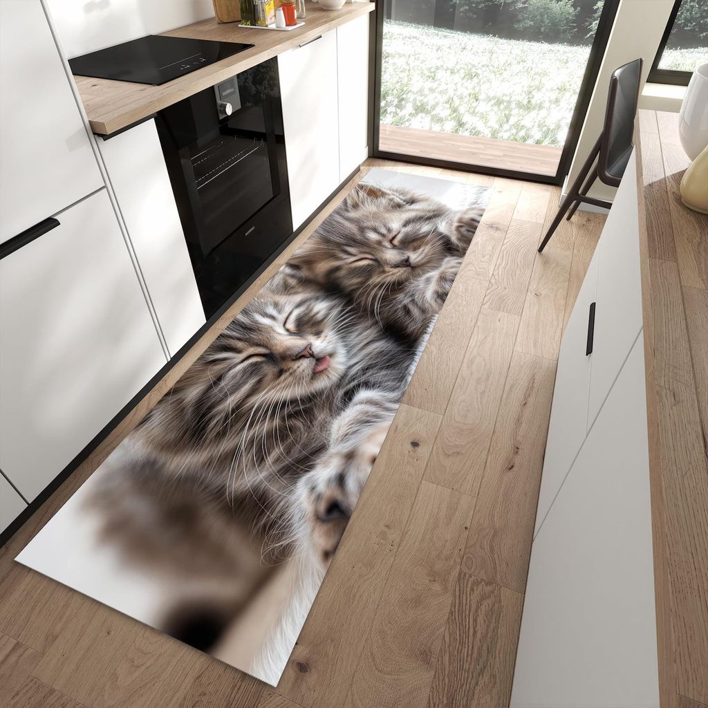 Küchenteppich 80x280cm rutschfest & abwischbar PVC Läufer - Schlafende Kätzchen