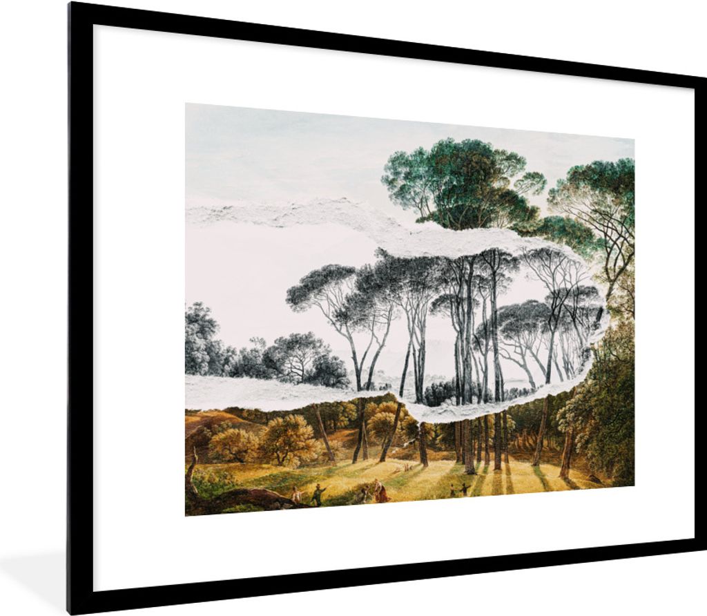 MuchoWow Gerahmtes Poster Italienische Landschaft Schirmkiefern - Kunst - Hendrik Voogd - Malerei - Schwarz-Weiß - Alte Meister 80x60 cm - Poste...