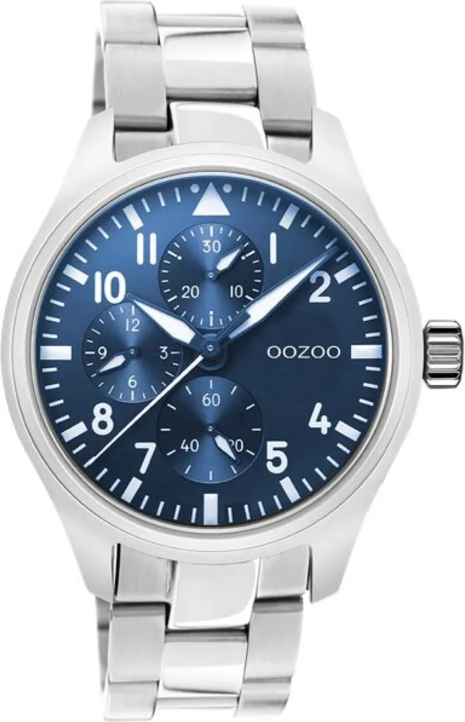 Montre Homme OOZOO Argent en Acier Inoxydable et Cadran Bleu Contrasté