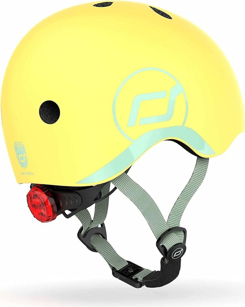 A yellow helmet with a red light attached to the back.