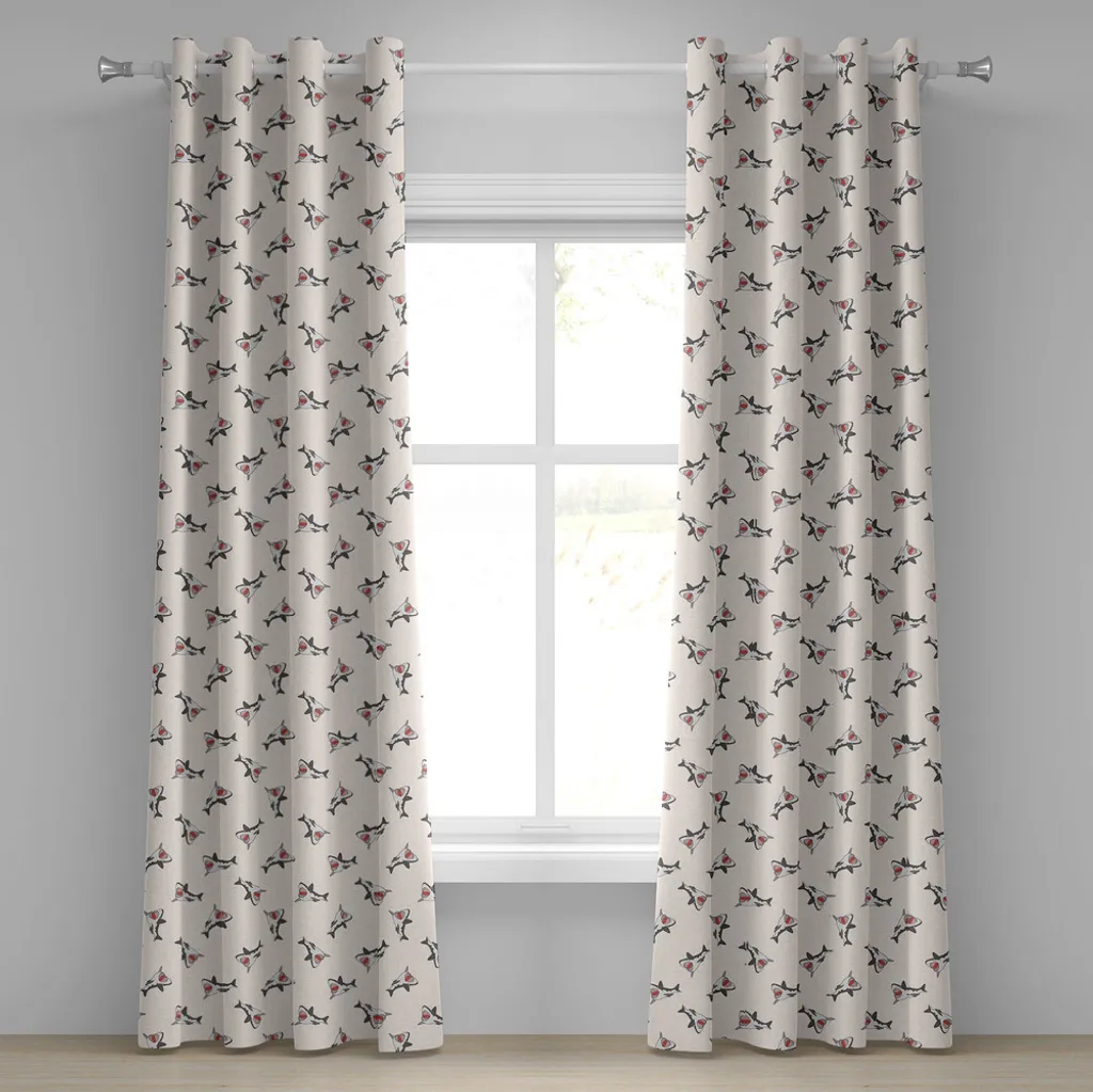 ABAKUHAUS Tenda con occhielli squalo, aggressivi animali marini affamati con la bocca aperta che cacciano le loro prede in stile caricaturale, tende decorative a 2 pannelli per finestre, 280 cm x 225 cm, crema grigio rosso