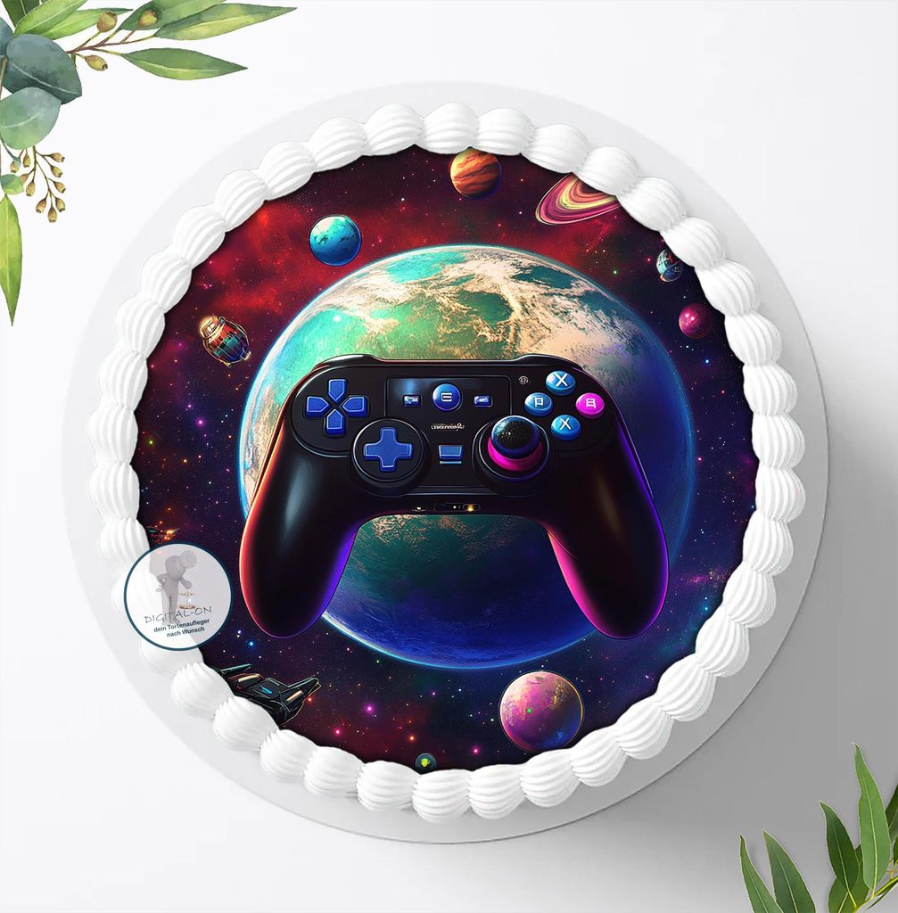 Für die Geburtstags Torte ein Tortenaufleger, Zuckerbild mit dem Motiv: Gamer, Essbares Foto für Torten, Fondant, Ø 20cm, 2498z