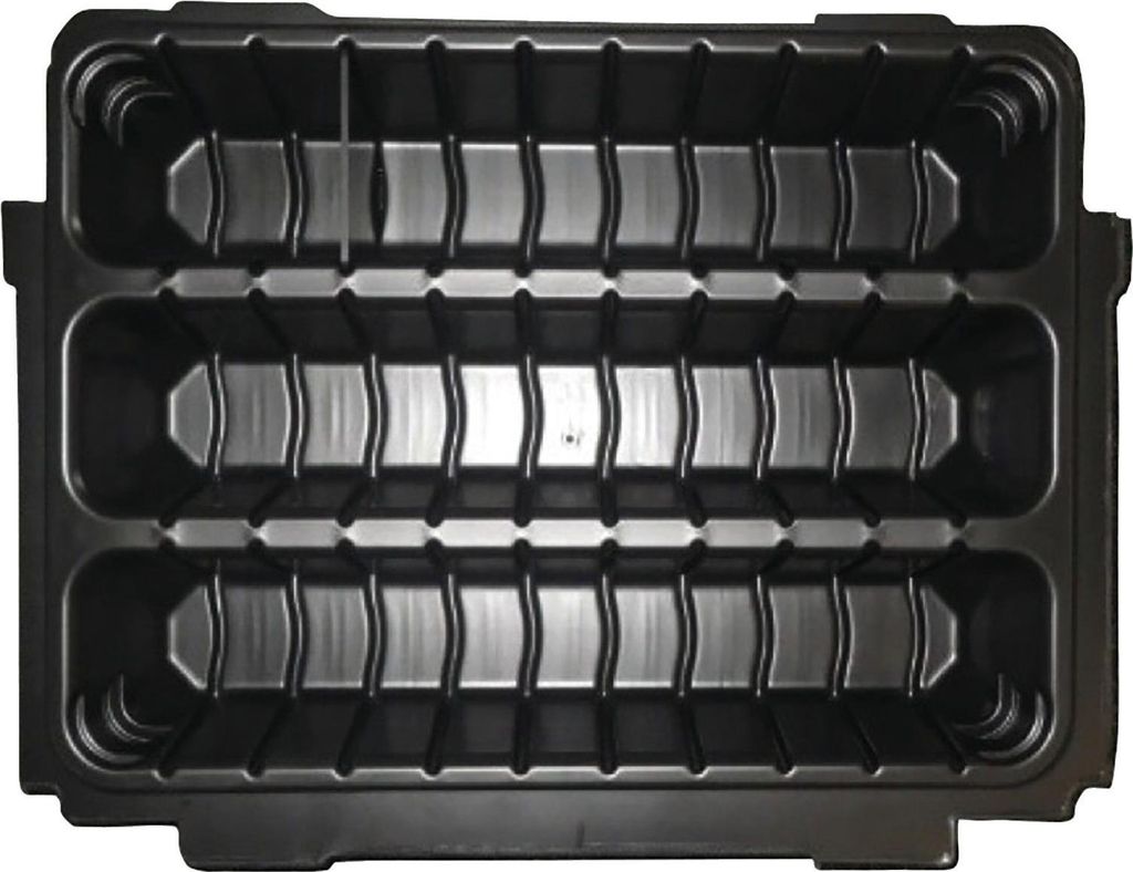 A top-down view of an empty black plastic organizer tray with multiple compartments.