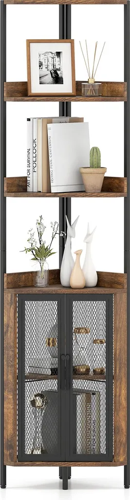 Étagère d'angle industrielle 170cm, meuble de rangement bois brun et noir