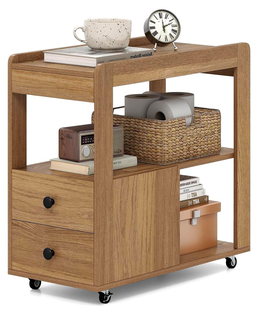 Schmaler Beistelltisch mit Rollen, 2 Schubladen und offenen Ablagen, Sofatisch, Nachtschrank für Wohnzimmer und Schlafzimmer, 65 x 30 x 63 cm (Natur)
