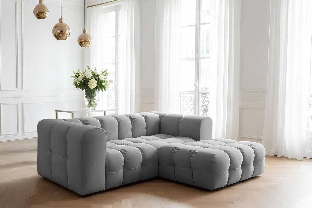 Ecksofa Designersofa SOLVIE XS in Stoff Tiffani Grau Ottomane Rechts