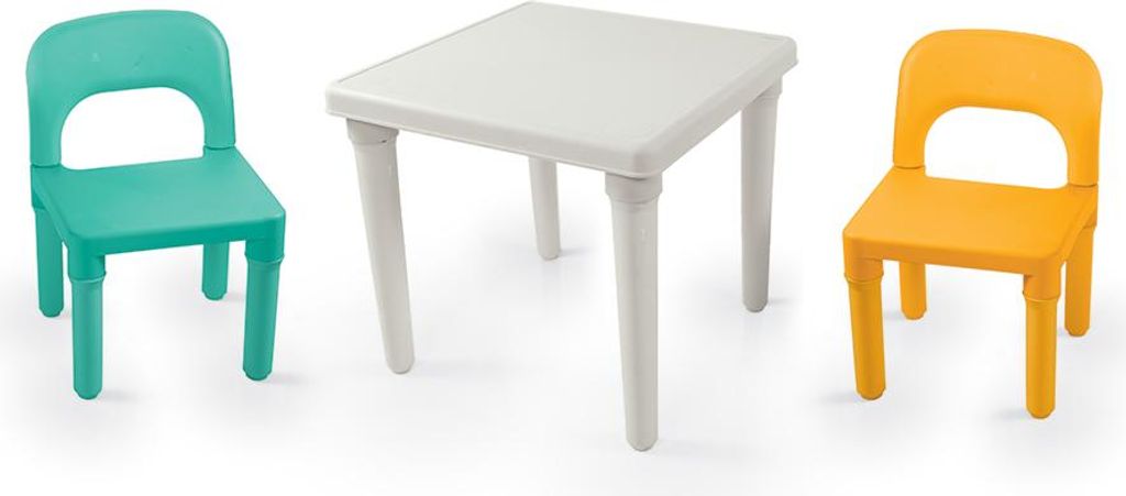 A white table with two children's chairs, one teal and one orange, arranged around it.