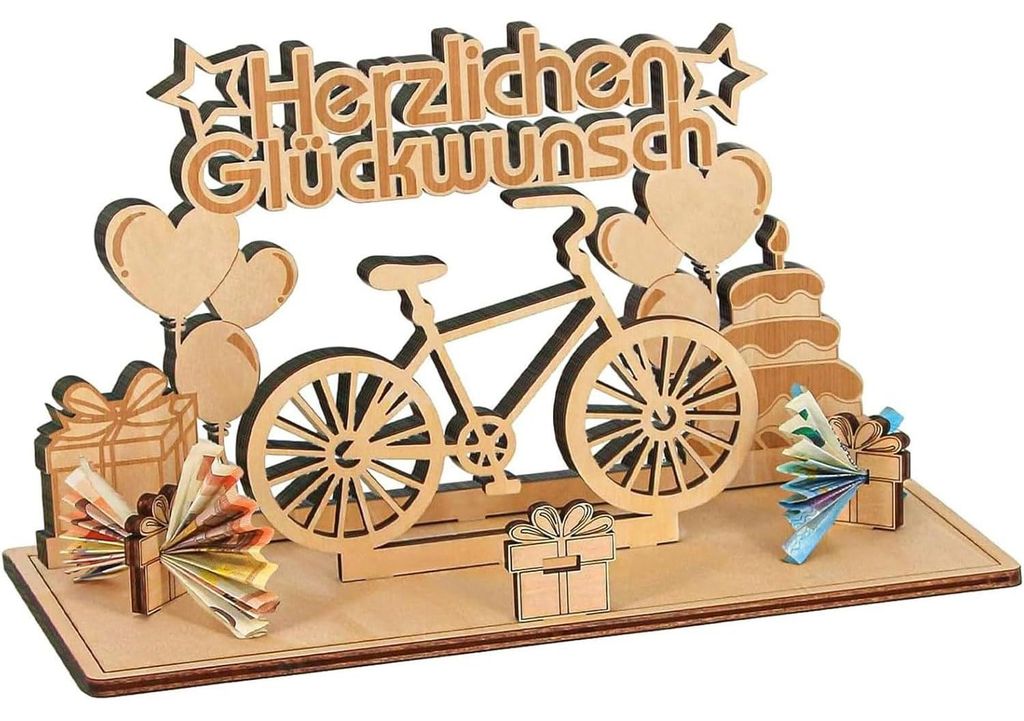 Ein Fahrrad aus Holz als Geldgeschenk, Geburtstagsdekoration, DIY-Projekt für Freunde, Familie, Angehörige und Klassenkameraden.