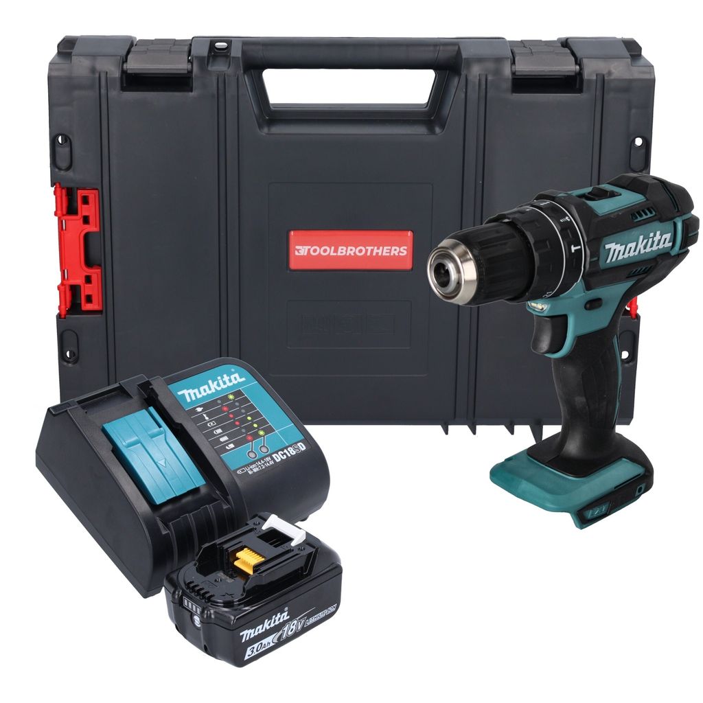 Makita DHP 482 SF1J-R Akku Schlagbohrschrauber 18 V 62 Nm + 1x Akku 3,0 Ah + Ladegerät + RHINO