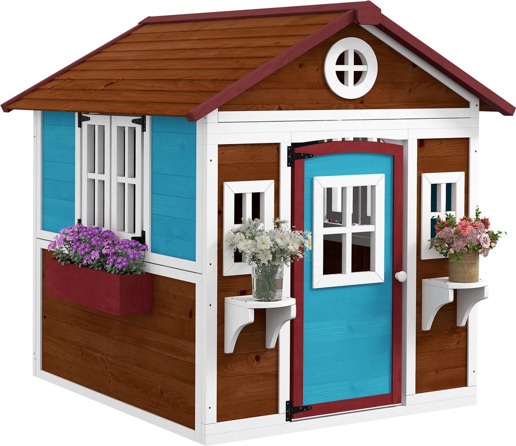 Outsunny Kinderspielhaus aus Holz mit Fenster Blumenregal Produktbild 