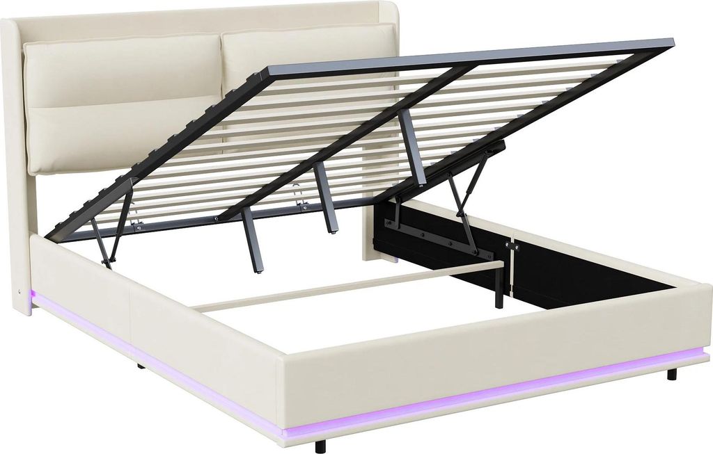 Doppelbett - Polsterbett 160×200 cm - Samtbezug - Hydraulischer Bettkasten - Gepolstertes Kopfteil - Holzlattenrost - Ohne Matratze
