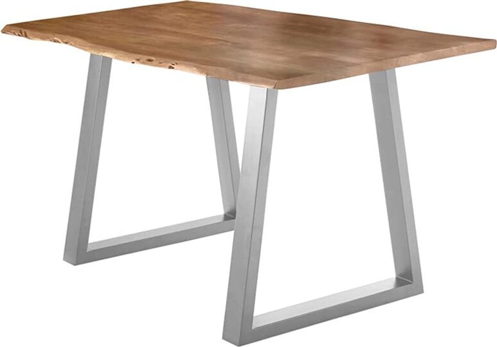Esstisch 180x90 cm Lubin, Akazienholz naturfarben, Massiver Esszimmertisch mit echter Baumkante, Baumkantentisch mit V-Gestell Silber, Holztisch mi...