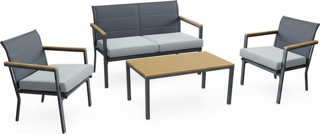 Lounge-Set Chania 4-teilig, Stahl pulverbeschichtet, anthrazit/teakfarben/grau, Green Spirit