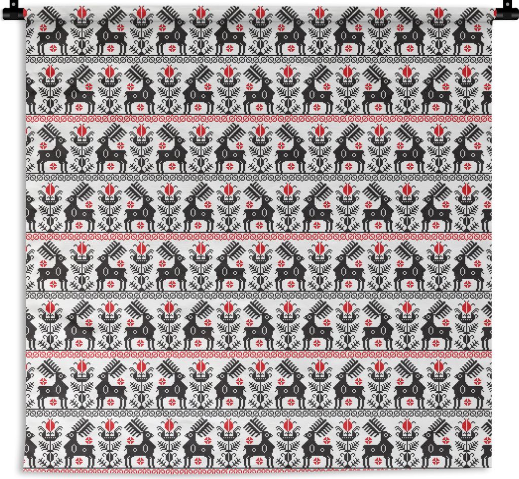 MuchoWow Wandteppich Wandbehang Hirsche - Muster - Schwarz - Rot 150x150 cm Tapisserie Dekoration Wandtuch - Wohnaccessoires - Modernes