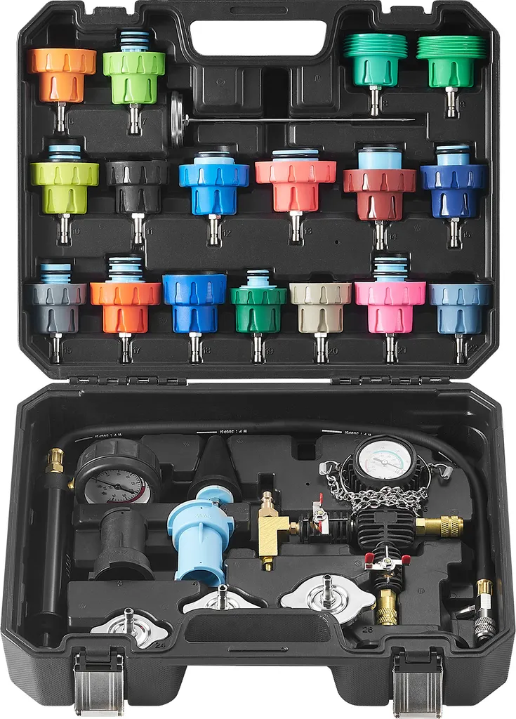 SucceBuy Set di tester per la pressione del radiatore da 28 pezzi, strumento per la ricarica a pressione e a vuoto del refrigerante con pompa manuale, tappi colorati per auto e camion, diagnostica del sistema di raffreddamento, 12 V
