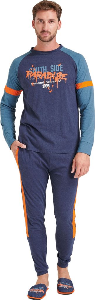 Sorbetto Langer Herren-Pyjama/ Schlafanzug aus Baumwolle Dunkelblau/ Orange Gr. L