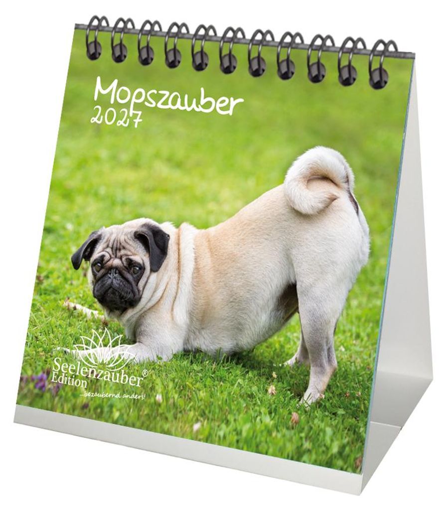 Mopszauber Tischkalender 10x10cm für 2027 Mops Hunde und Welpen - Seelenzauber