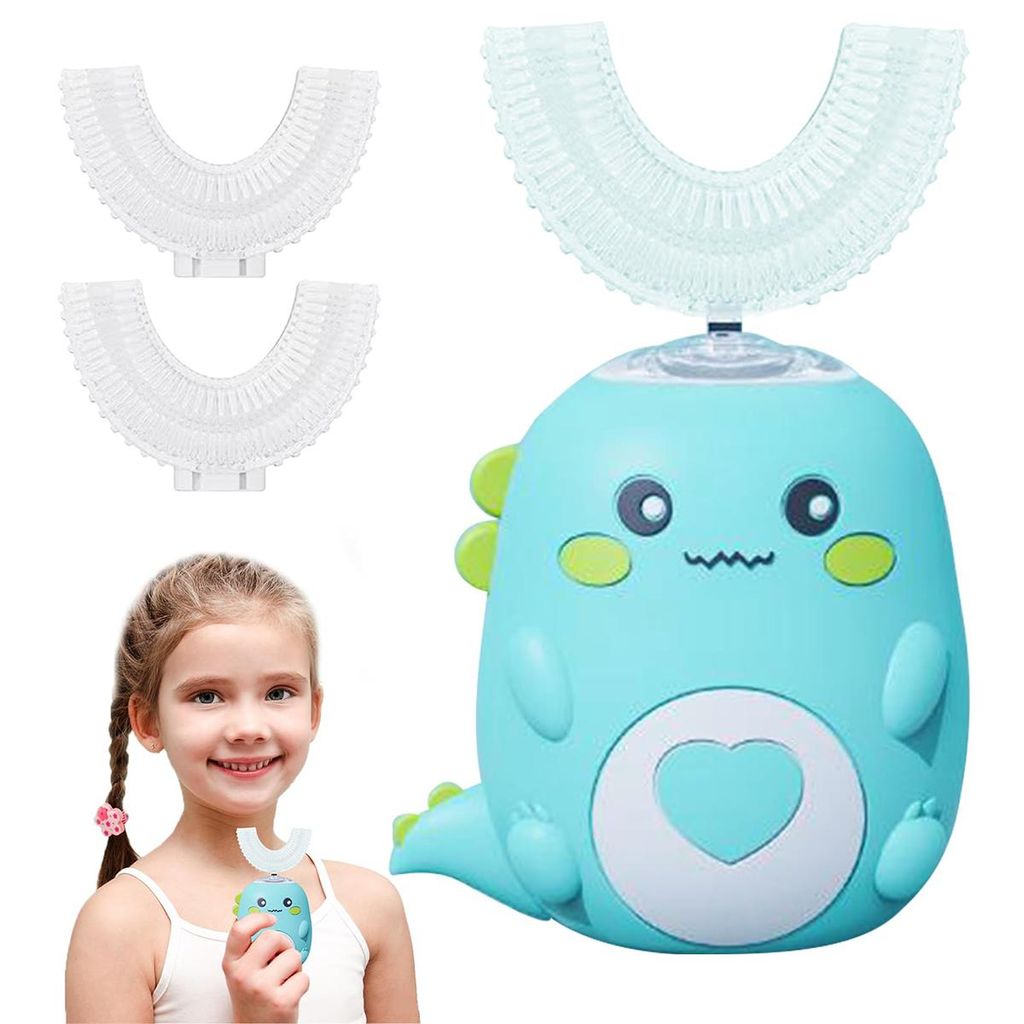 Elektrische Kinderzahnbürste in U-Form, 3 Geschwindigkeitsstufen, Little Dinosaur Green, für 6–12 Jahre, geräuscharm