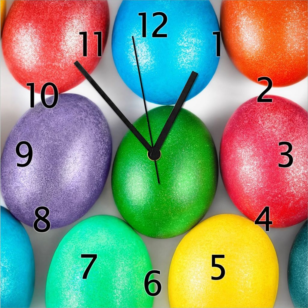 Wallario Design Wanduhr Bunte Oster-Eier in Nahaufnahme mit kräftigen Farben aus Echtglas, Größe 30 x 30 cm