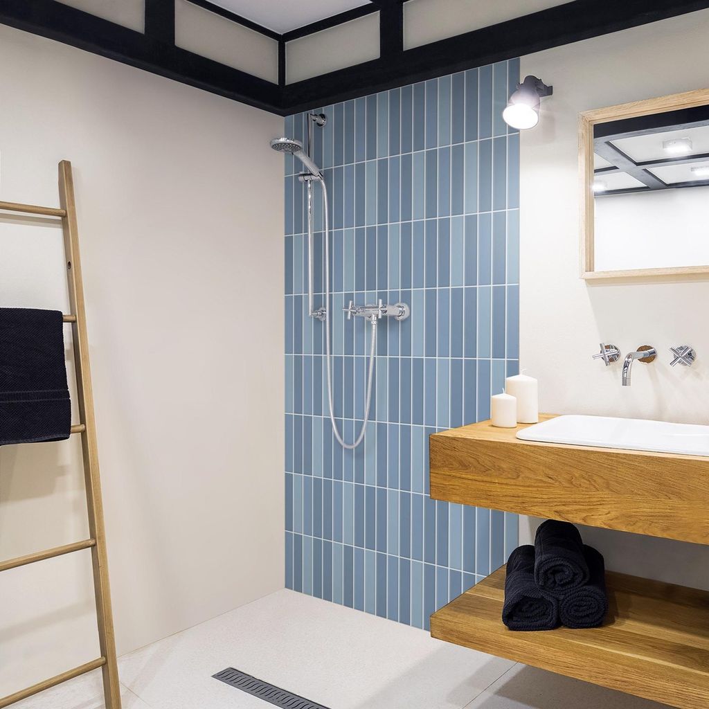 Duschrückwand mit Motiv selbstklebend - 0.35 mm Wandpaneel wasserfest Design blau Fliesenoptik Unifarben Badrückwand fugenlos Smart matt 100x190 cm