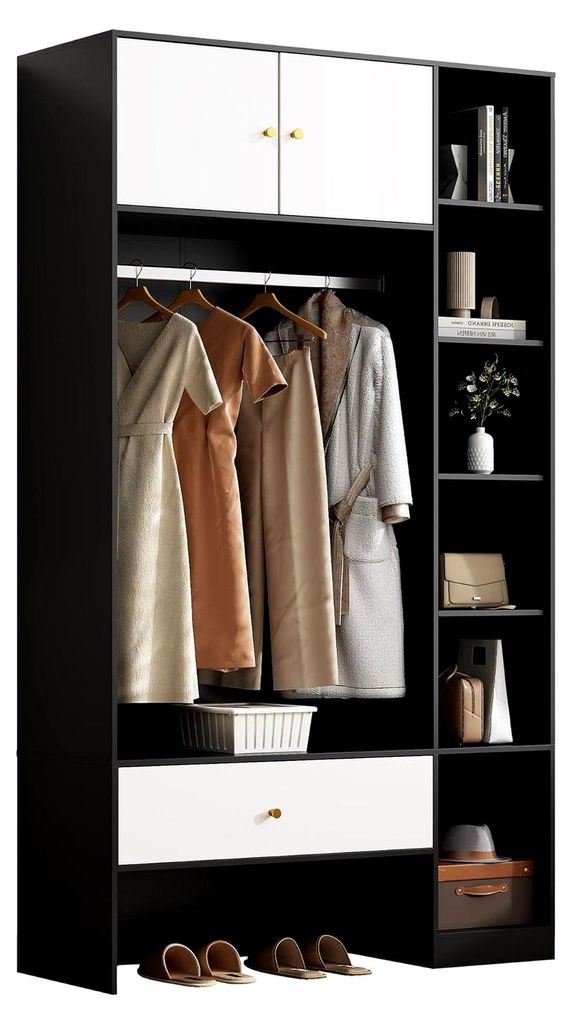 Wandgarderobe Set mit 2 Türen und Kleiderstange, Flurgarderobe mit 6 Fächern und 1 Schublade, 105×40×185cm, Weiß+Schwarz
