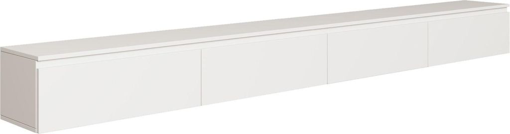 A long, white, wall-mounted TV board with four doors, shown from a slightly elevated side angle against a white background.