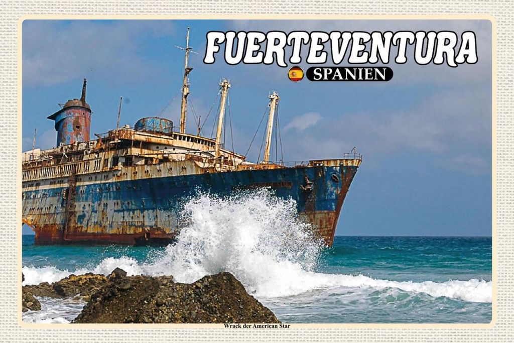 vianmo Holzschild 12x18 cm Fuerteventura Spanien Wrack American Star Bildmotiv Reisemotiv Abenteuer Reisen