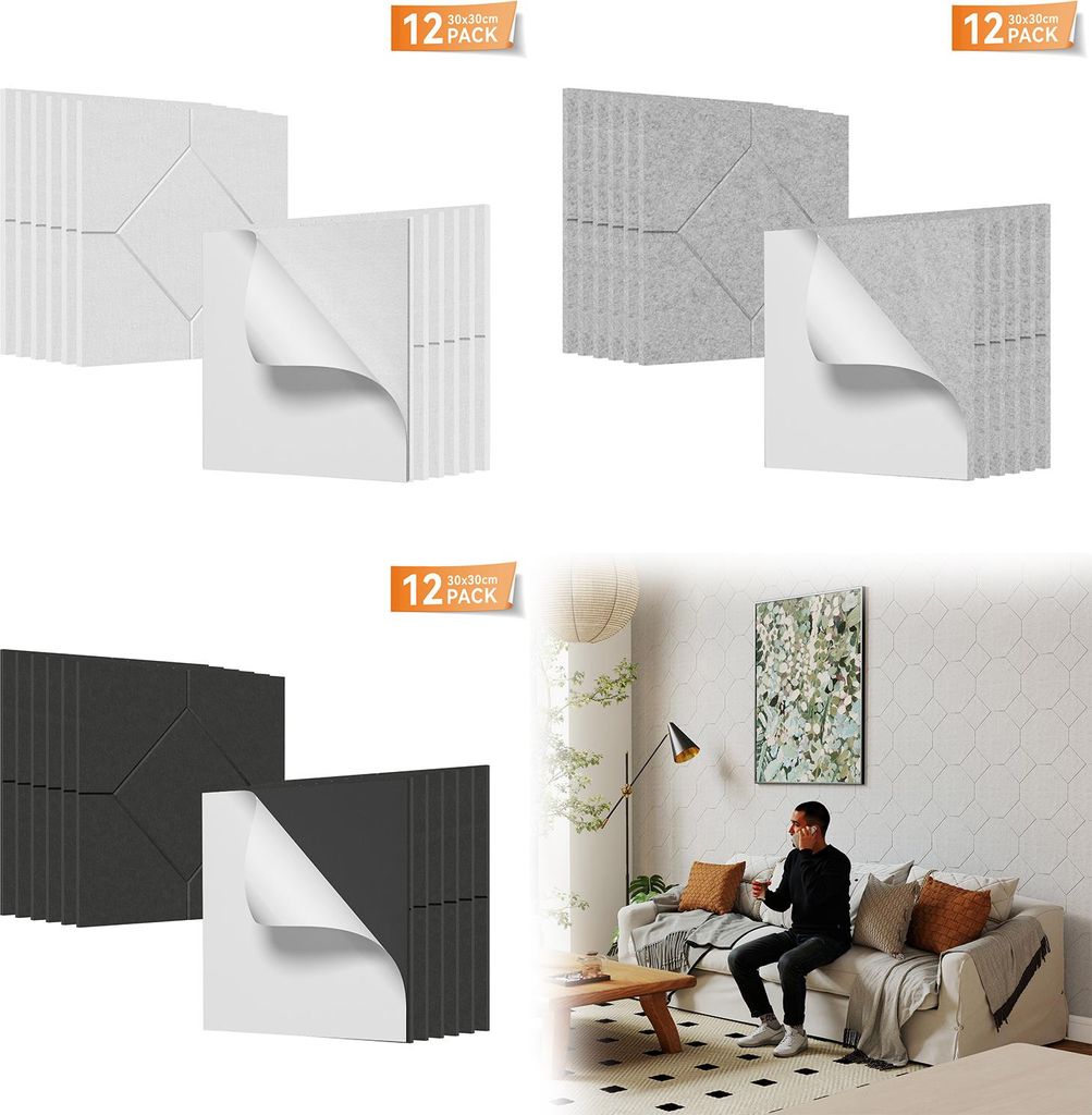 XINZI 12er Set selbstklebende Rautenförmige Akustikplatten 30x30x0,11 cm – Schallschutzplatten ohne Muster – Weiß
