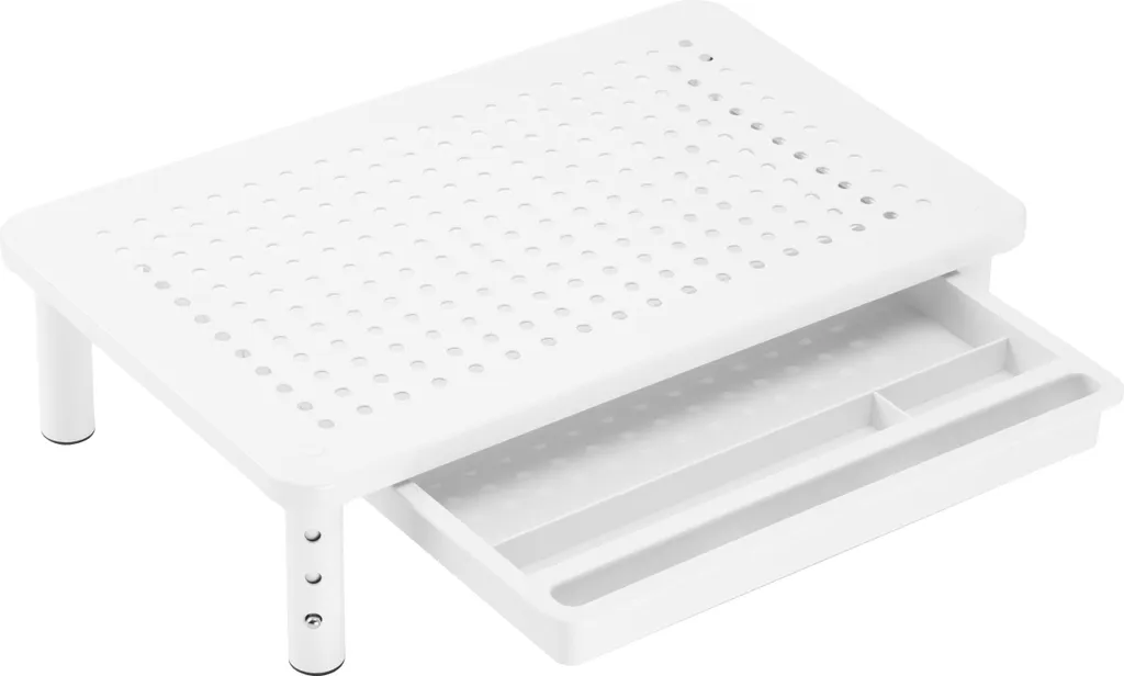 OImaster Supporto Monitor Pieghevole Con Cassetto E Portapenne – Regolabile 41,9-52,1 Cm – Bianco – Carico 25 Kg