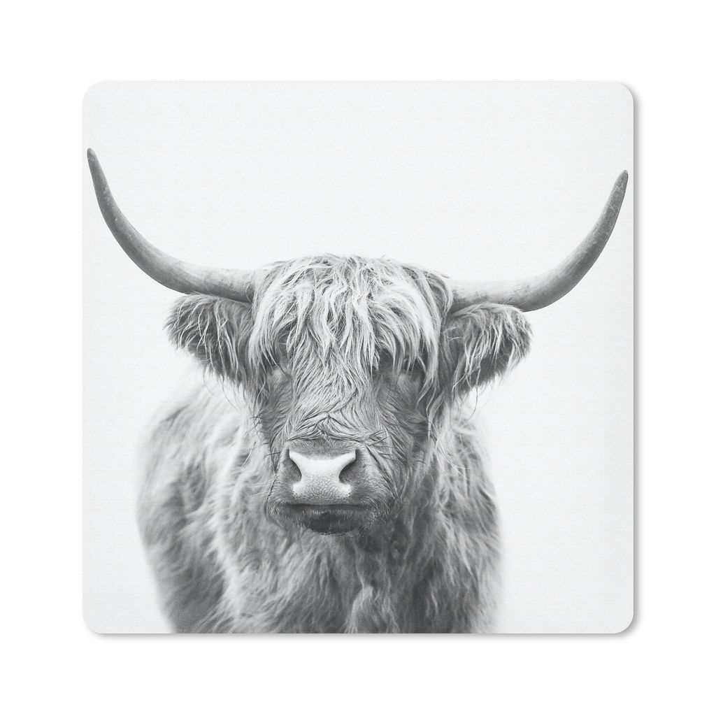 MuchoWow Mauspad Mousepad Schottischer Highlander - Tiere - Hörner - Schwarz und weiß 20x20 cm - Mousepads - Maus Mat - Pad - Mausunterlage - D...