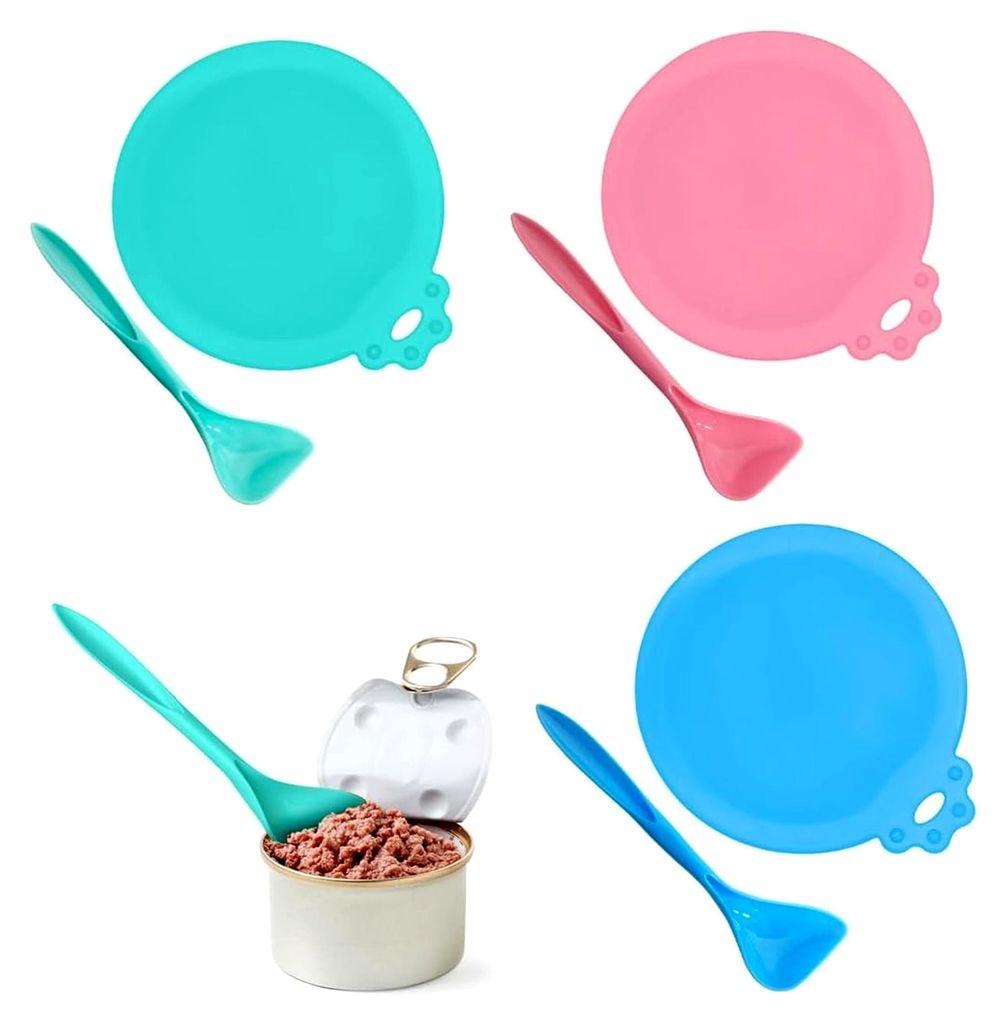 3er-Set Universal-Silikon-Dosendeckel für die Aufbewahrung von Haustierfutter, inklusive drei Löffeln, geeignet für Dosenfutter für Hunde und K...