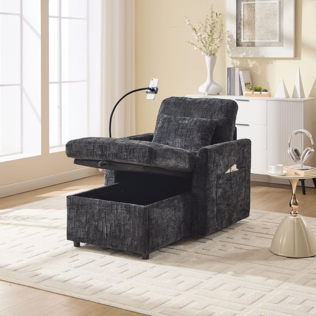 okwish Schlafsofa mit verstaubare Rückenlehne mit Handyhalterung,Relaxsofa für Wohnzimmer Schlafzimmer kleiner Haushalt,Loungesofa Chenille,Schwarz
