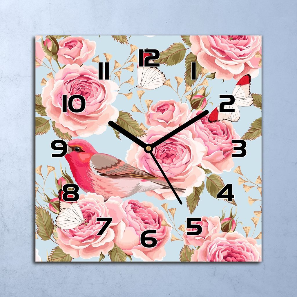 Wanduhr Echt-Glas-Küchenuhr Englisch Rosen Vögel Quarz 30x30 Deko Bilder