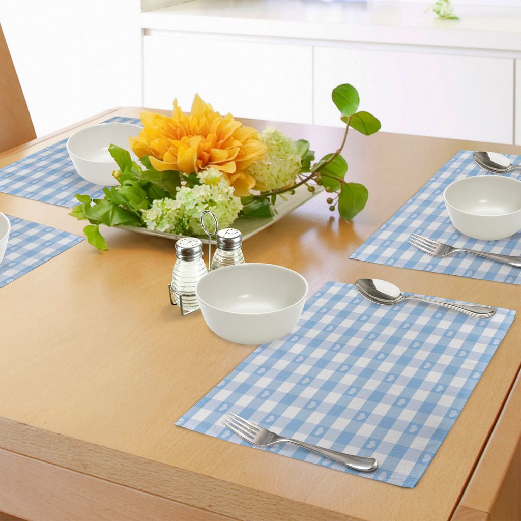 ABAKUHAUS Kariert Platzmatten, Gingham-Motiv mit niedlichen kleinen Herzen Pastell Blue Baby Shower Kids Theme, Tiscjdeco aus Farbfesten Stoff für...