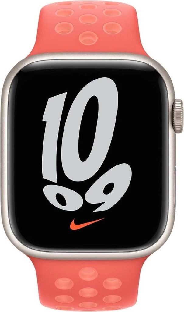 A close-up front view of an Apple Watch with a Nike Sport Band.