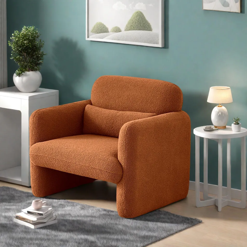 Fauteuil de salon bouclé orange avec assise rembourrée et pieds en bois
