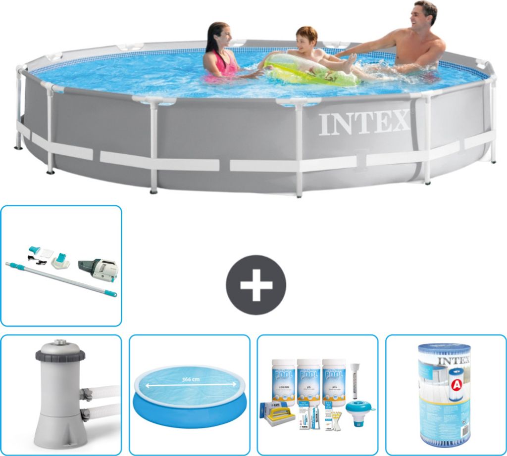 Intex Round Prism Frame Swimming Pool – 366 x 76 cm – Grau – inklusive Pumpe Sonnensegel - Wartungspaket - Filter - Staubsauger
