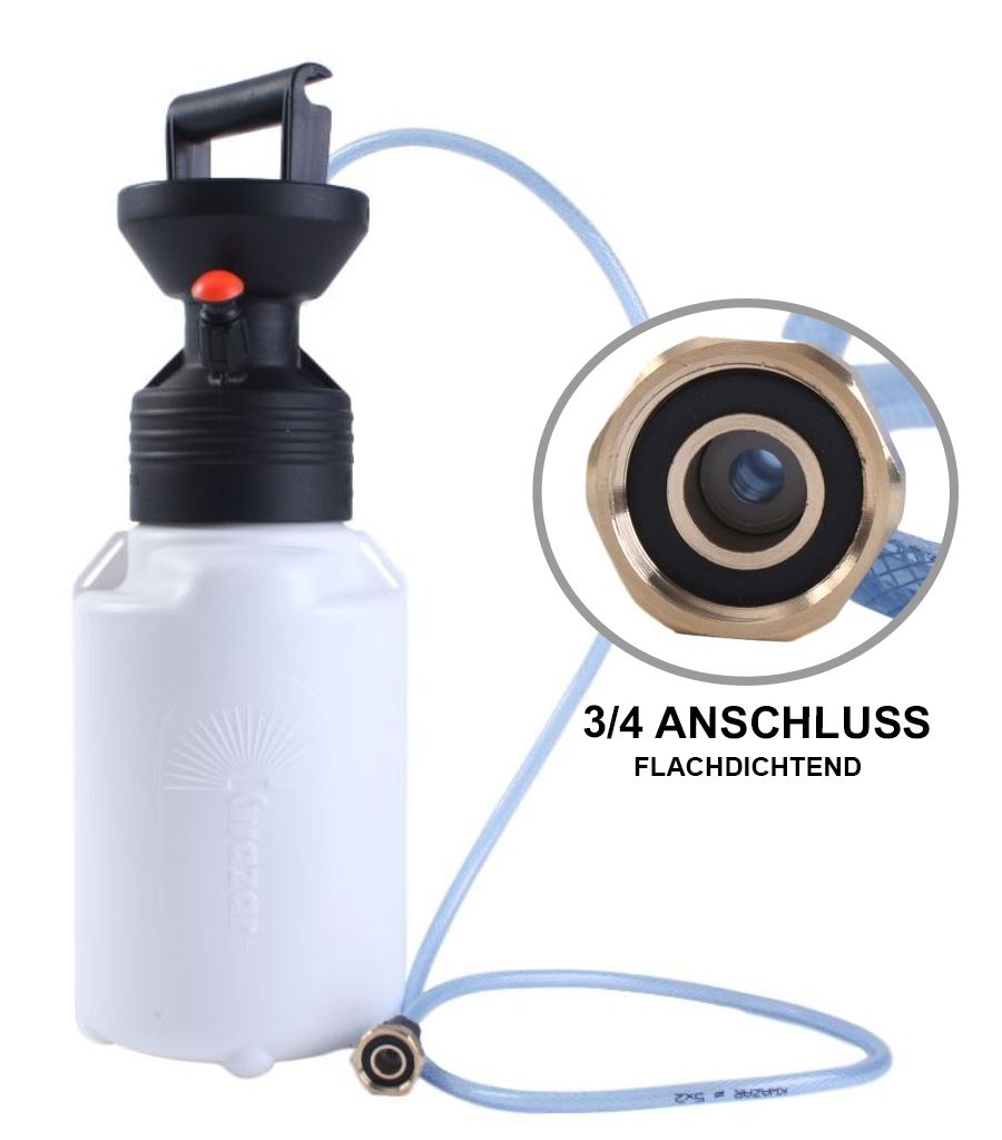 A white plastic pump with a black top and a blue hose, shown with a close-up inset of a brass connector.