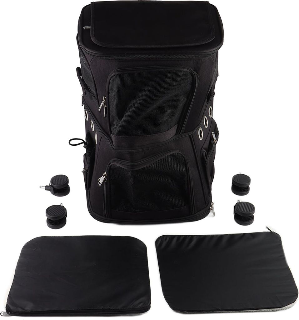 Doppelter Fach Haustierträger Rucksack Falten Sie Katze mit Trolley -Rädern für Reisebrauder schwarz