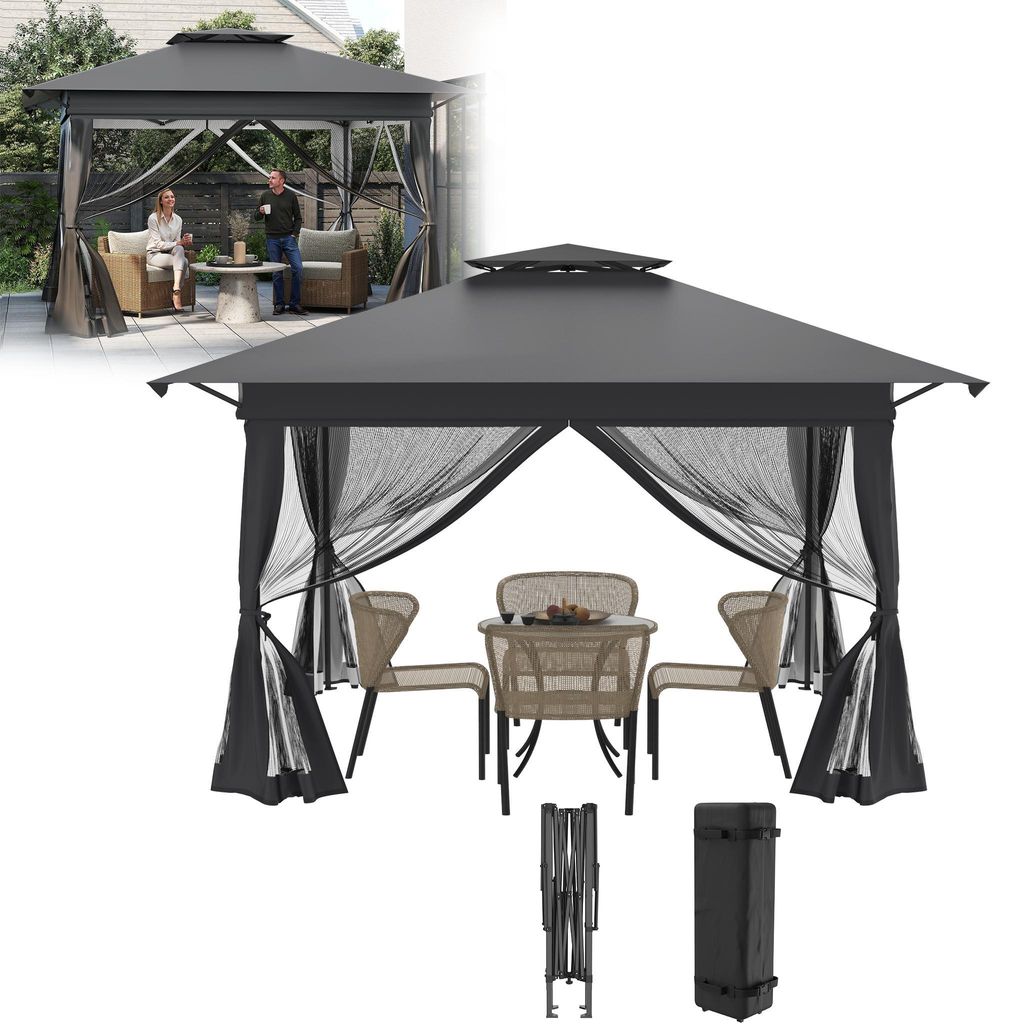 XINZI Pop Up Pavillon Faltpavillon mit One Push-Technik, Doppeldach, höhenverstellbar für Patio Familientreffen (Beschattungsfläche: 4x4m) Anthr...