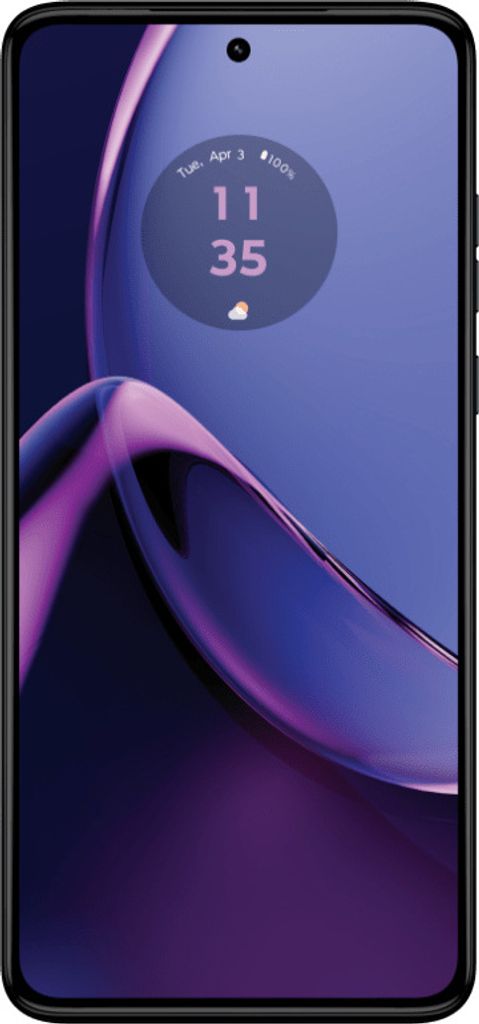 A smartphone with a purple and blue abstract wallpaper displayed on its screen.