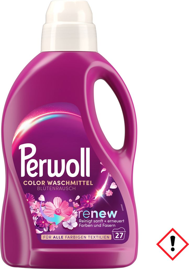 A bottle of Perwoll Color Waschmittel with a floral design.