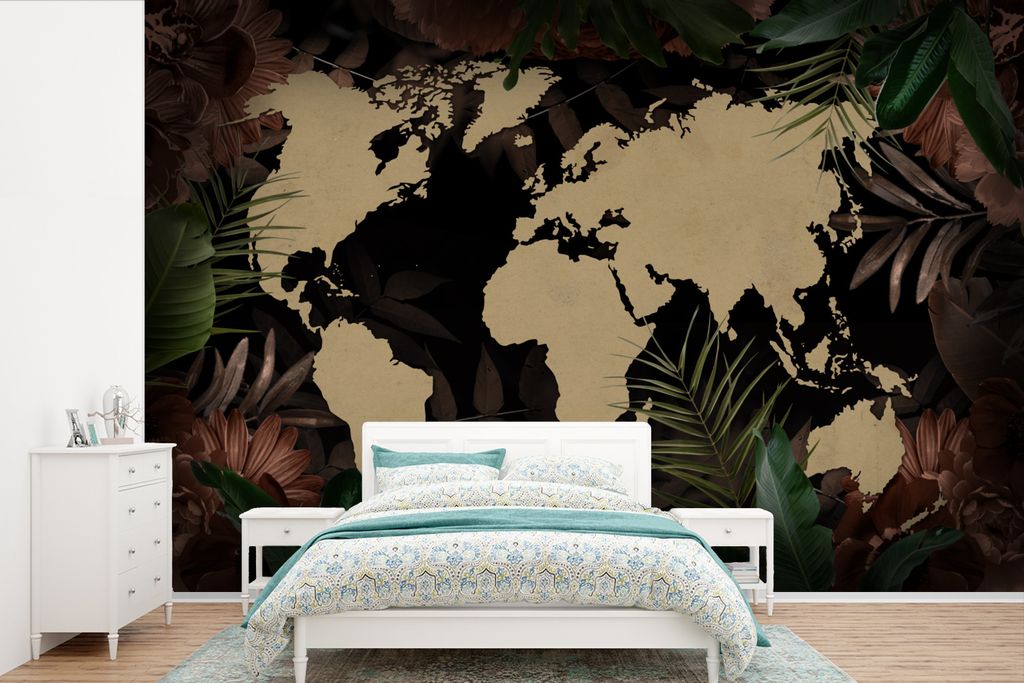 MuchoWow Fototapete für Wohnzimmer oder Schlafzimmer Wandtapete Vinyl Motivtapete Weltkarte - Schwarz - Tropische Pflanzen - 360x240 cm - Vinyl-...