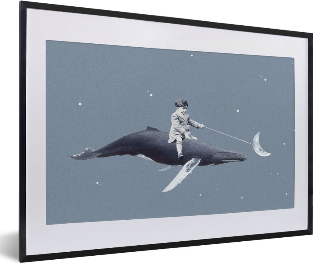 MuchoWow Gerahmtes Poster Weltraum - Junge - Mond - Wal 60x40 cm - Poster mit Schwarzem Bilderrahmen Wandposter Rahmen Foto Bilder - Schlafzimmer...