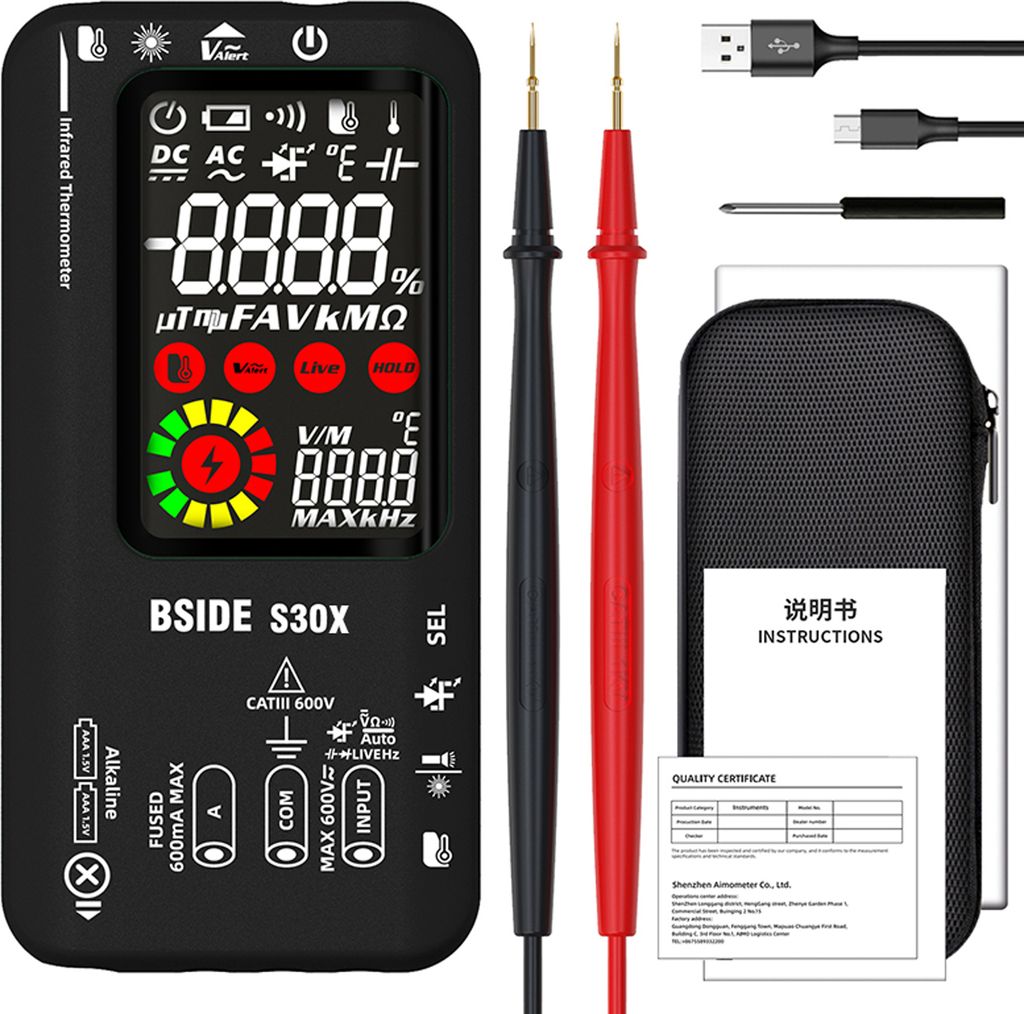 BSIDE Digitalmultimeter Infrarot-Thermometer, LCD-Farbdisplay, Handmultimeter 9999 True RMS, professionelle Spannung, Kapazitaet, Widerstand, Frequ...