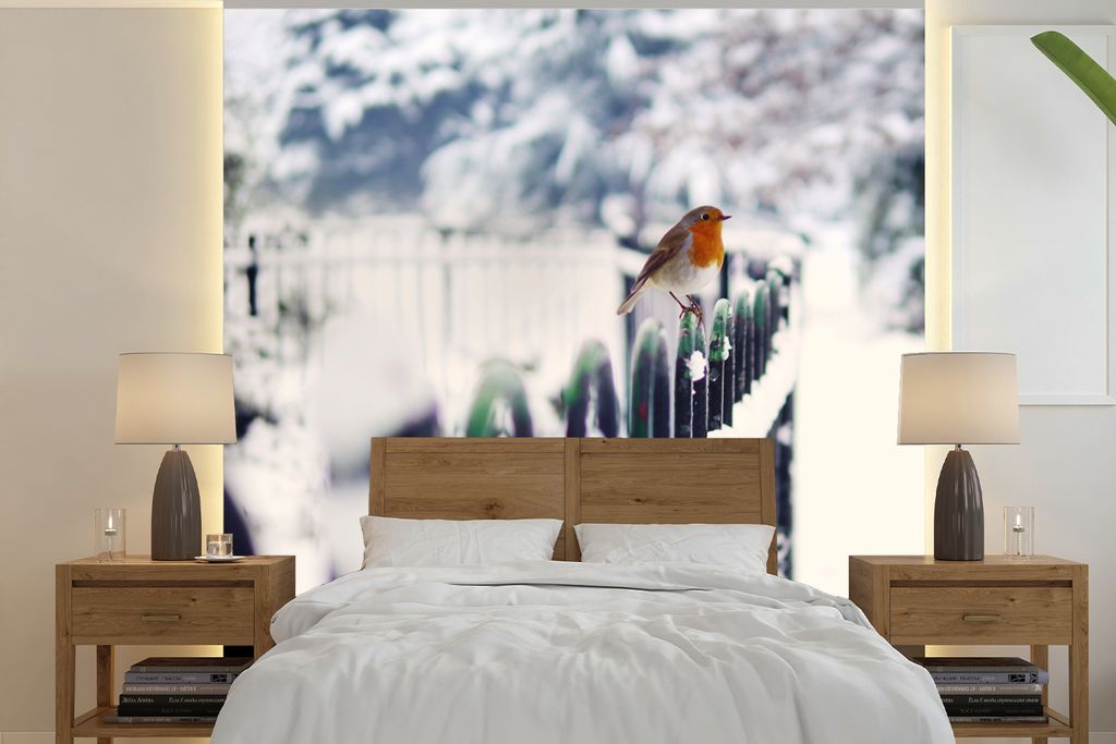 MuchoWow Fototapete für Wohnzimmer oder Schlafzimmer Wandtapete Vinyl Motivtapete Rotkehlchen - Winter - Schnee - 300x300 cm - Wanddekoration