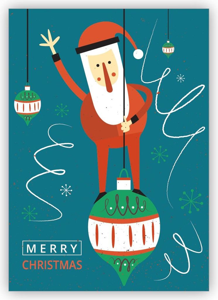 Überraschende Retro Weihnachtskarte mit Santa auf Weihnachtskugel auf blau: Merry Christmas