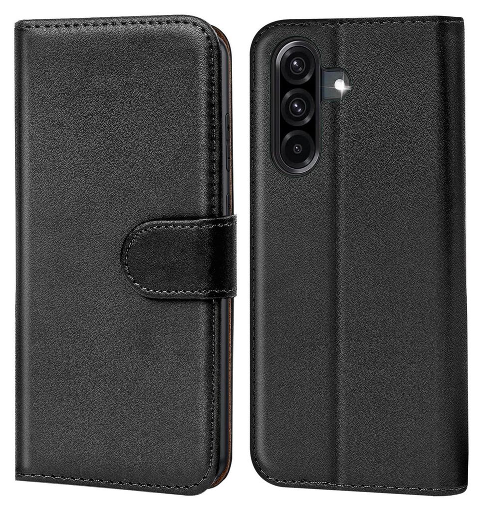 A black flip case for a smartphone is shown from the front and back.