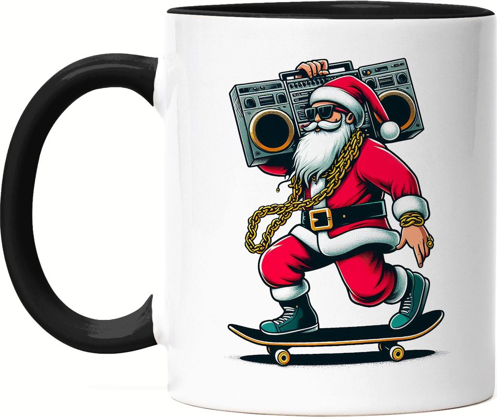 Lustiger Weihnachtsmann Tasse Schwarz - Xmas Skaten Geschenk Santa