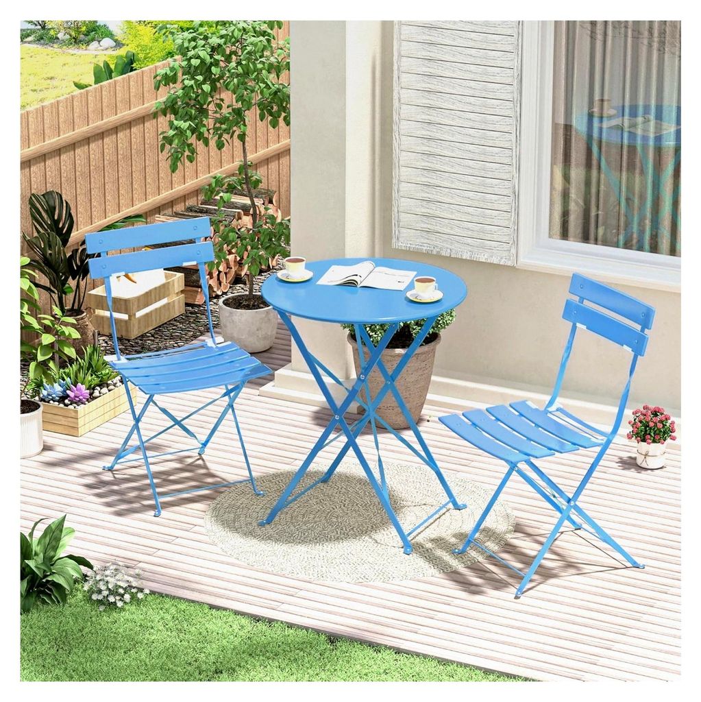 Wetterfeste Gartenmöbel Set, 3-teiliges Balkonmöbel Set für kleine Balkone, Klapptisch mit 2 Stühlen, Bistro Set in Blau